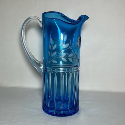 Vintage Blue Crystal Etched Pitcher 