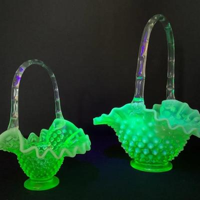 Fenton Green Opalescent Hobnail Uranium Glass Baskets