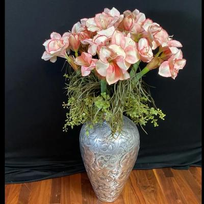 Large Faux Pink Amaryllis In Metal Vase
