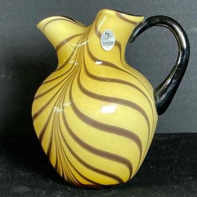 Fenton Dave Fetty Yellow & Black Feather Pulled Pitcher 
