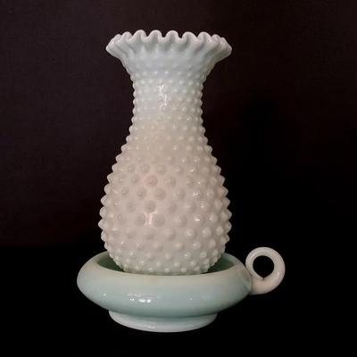 Fenton Mint Hobnail Hurricane Chimney And Base