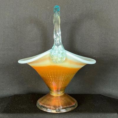 Fenton 100th Anniversary Marigold & Blue Opalescent Glass Basket 