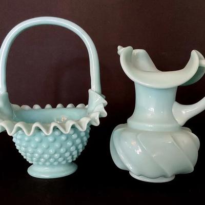 Fenton Wavecrest Pitcher And Hobnail Basket