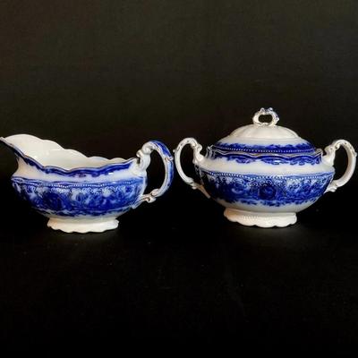 Flow Blue Wedgewood & Co Gravy Boat And Lidded Bowl