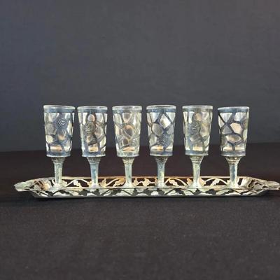Vintage Mexican Sterling Tray And Cordial Glasses