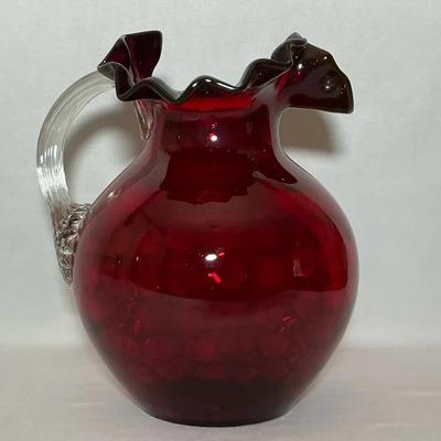 Vintage Ruby Red Hand Blown Coin Spot Pitcher