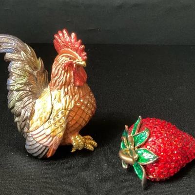 Vintage Rucinni, Rooster Trinket Box With Strawberry Trinket Box 