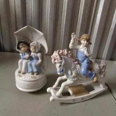 Porcelain Kids Under Umbrella Music Box  & Girl on Horse