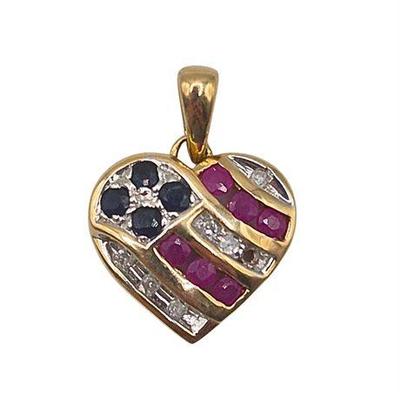 Lot 031  
10K Yellow Gold Sapphire & Diamond American Flag Heart Pendant