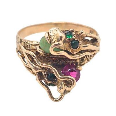 Lot 032  
14K Yellow Gold Emerald, Sapphire & Jade Dragon Ring