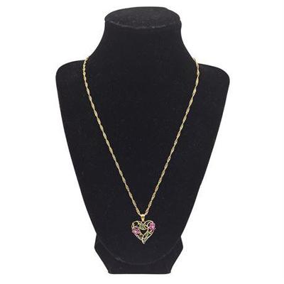 Lot 009 
10K Yellow Gold Emerald, Ruby, Sapphire, and Diamond Heart Necklace