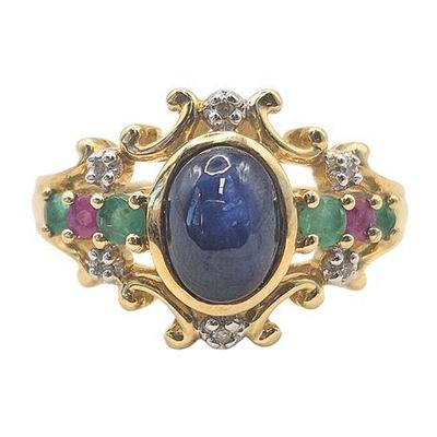 Lot 019   
10K Yellow Gold Sapphire, Ruby, Emerald & Diamond Ring