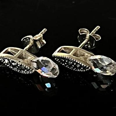 Sterling Silver .925 6 Marcasite 2 Pear Shaped Crystal Stud Earrings