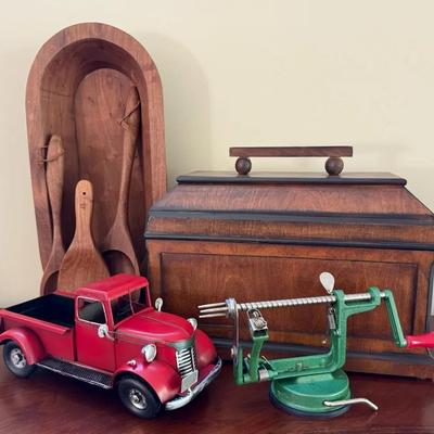 Primitive Style Decor Pieces (7) With Uttermost Wooden Box, Handmade Bowl, Spoons, Etc