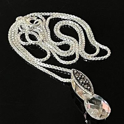 Sterling Silver .925 Chain with Sterling 3 Marcasite 1 Shaped Crystal Pendant 
