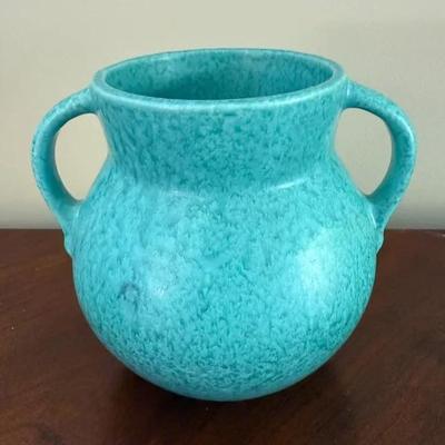 Roseville Pottery Tourmaline Dual Handled Vase W/ Mottled Turquoise Glaze, Vintage