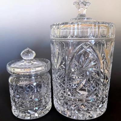 Pair (2) Lidded Crystal Biscuit Jars, Cookie Jars Or Canisters