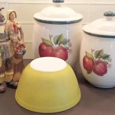 Pyrex Bowl, Casuals Apple Canisters, 2 Composite Pilgrim Figures