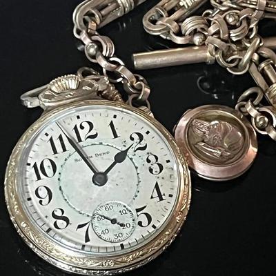 Antique South Bend 17 Jewel Scepter Pocket Watch with Ornate Chain and Dog Head Locket