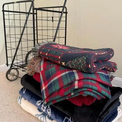 Winter Throws/Blankets (7) Plus Collapsible Rolling Cart 