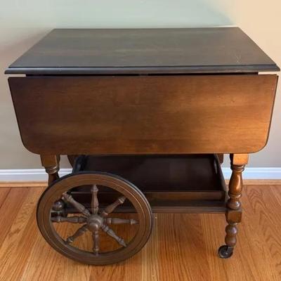 Vintage Rolling Wooden Bar Cart With Drop-Leaf Table Sides & Bottom Tray