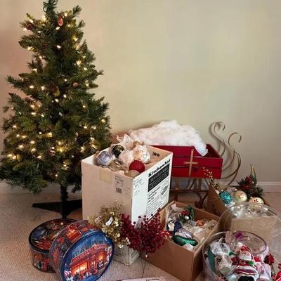 Christmas Decor With Lighted Tree, Sled, Supplies & 3 Boxes Of Wrapped Ornaments