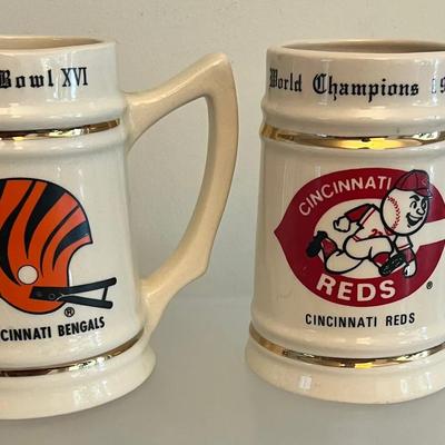 Cincinnati Reds & Cincinnati Bengals Pottery Mugs - 1976 W.S. & 1982 Superbowl 