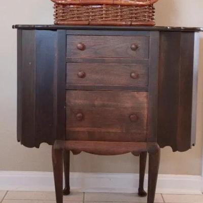 Vintage Martha Washington Wooden Sewing Cabinet and Basket with Notions