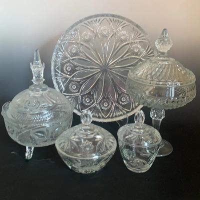 Vintage Pressed Glass Lidded Containerd + Round Relish Tray