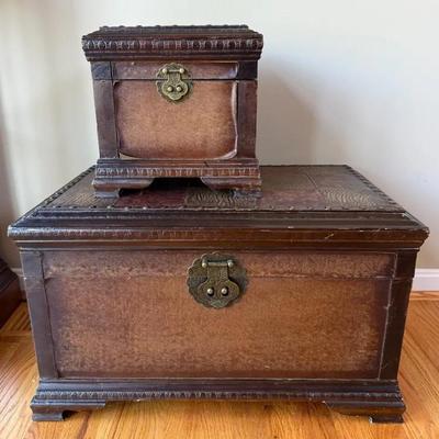 Pair (2) Wood & Faux Leather Decorative Storage Trunks
