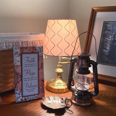Home Decor (7 Pieces) With Longaberger Basket, Brass Table Lamp, Art, Etc