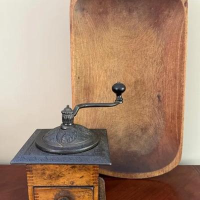 Antique Cast Iron Hand Crank Coffee Grinder, Plus Large Dough Bowl 