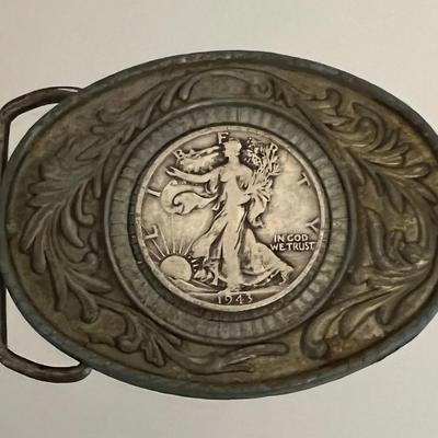 1943 Walking Liberty Silver Half Dollar On A Belt Buckle
