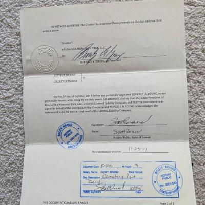 WST114-Mauna Kea Memorial Park Cemetery Plot Deed