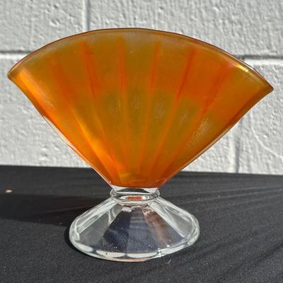 Vintage Iridescent Orange Carnival Glass Fan-Shaped Compote Dish/Vase