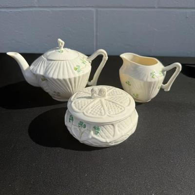 Belleek Ireland 3 Pc set - Teapot, Creamer, Sugar Or Trinket Box 
