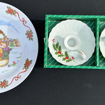 Lot of 2 Vintage Christmas Collectibles: Plastic Snowman Plate & R.H. Macy & Co. Candle Holders