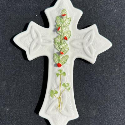 Belleek Porcelain Celtic Cross with Holly and Shamrocks