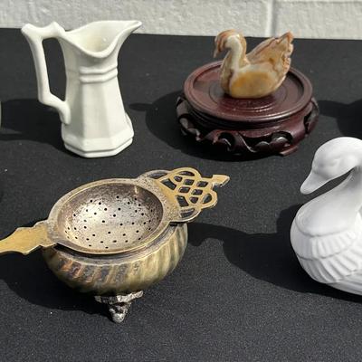 Curated Antique & Vintage "Mystery" Lot: Tea Strainer, Snow Globe, Porcelain Figurines 