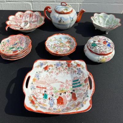 Hand-Painted Japanese Porcelain Tea Set Pieces with Geisha & Floral Motifs - Marked "NIPPON