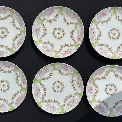 Set of 6 Antique Haviland & Co. Limoges Luncheon/Dessert Plates - French Floral & Green Trim