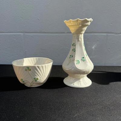 Belleek Irish Porcelain Island Vase And Bowl with Shamrocks 