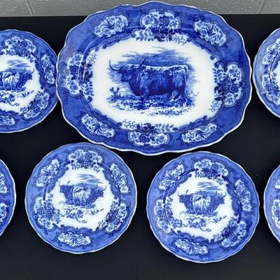 Rare Antique Royal Doulton "Highland Cattle" Blue & White Transferware Platter & Plates