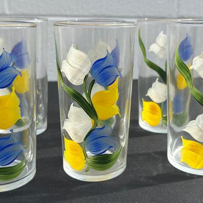 Set of 6 Vintage Tulip-Patterned Highball Glasses