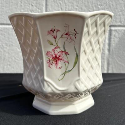 Vintage Belleek Irish Parian China Basketweave Vase/Planter with Pink Lily Decal