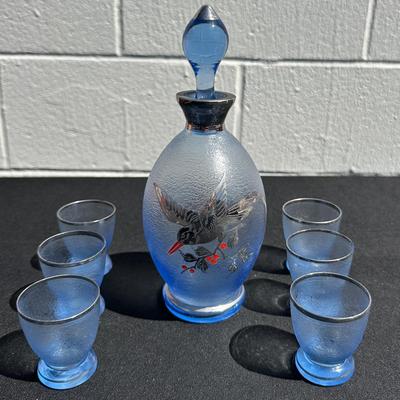 Vintage Czech Glass Decanter Set with Shot Glasses