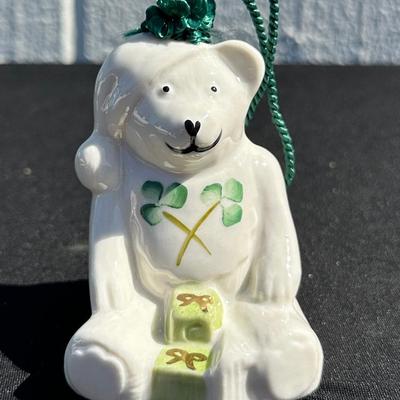 Belleek Fine Parian China Bear Ornament with Shamrocks and Gift Boxes