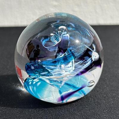 Stunning Jerpoint Glass Studio Art Glass Paperweight - Swirl Design in Blue, White, & Purple