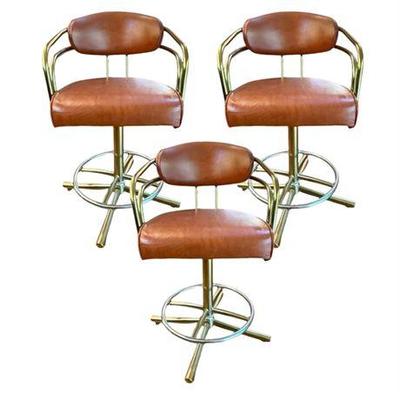 Lot 015   
Vintage Chrome And Leather Swivel Bar Stool, Set Of Three (3)