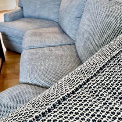 Sale Photo Thumbnail #35: Sherrill Curved Sofa
Blue/white upholstery 
Dimensions: 
116”W x 42”D x 33” H
Seat Interior 25”W
Seat Interior 22”D
Condition: Excellent 
